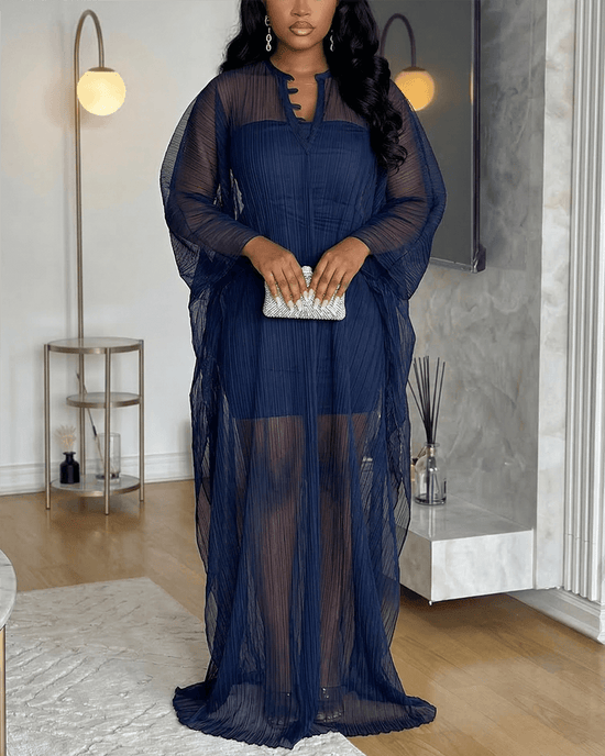 Elegant Sheer Mesh Overlay Loose Fit Maxi Dress OMFORT