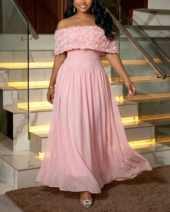 Off-Shoulder 3D Rose Embellished Maxi Dress OMFORT
