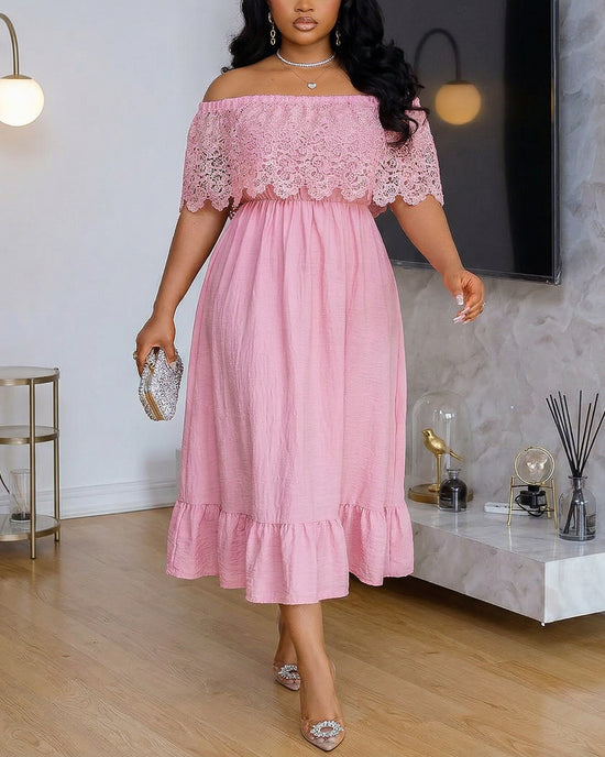 Lace Layer Off Shoulder A-Line Midi Dress OMFORT