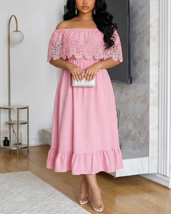 Lace Layer Off Shoulder A-Line Midi Dress OMFORT