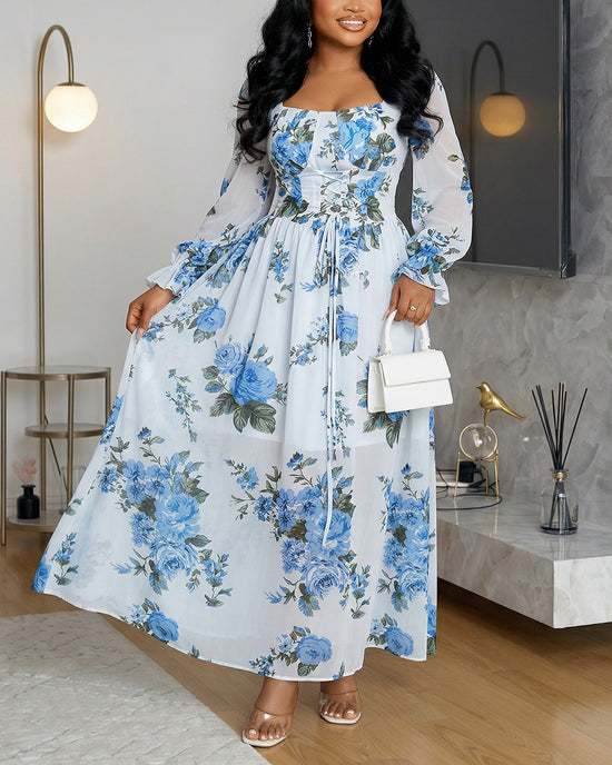 Chiffon Floral Garland  Flounce Sleeve Maxi Dress OMFORT