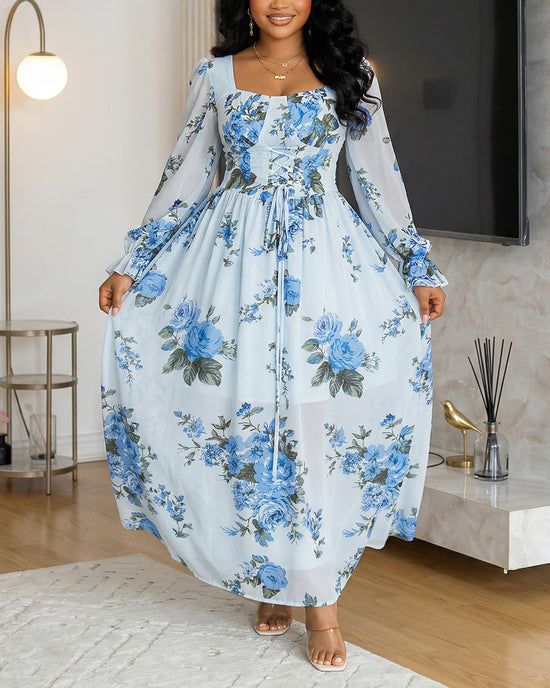 Chiffon Floral Garland  Flounce Sleeve Maxi Dress OMFORT