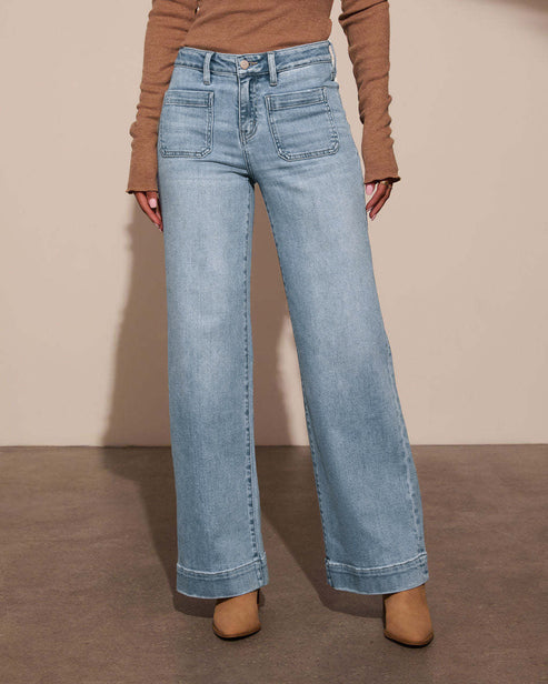 Front Yoke Pocket High-Rise Stretch Wide Leg Jeans OMFORT