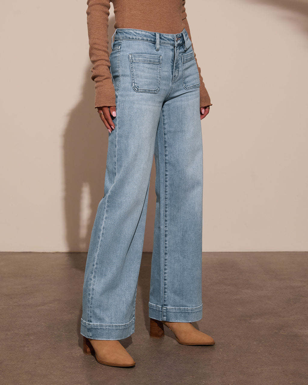 Front Yoke Pocket High-Rise Stretch Wide Leg Jeans OMFORT