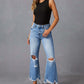 Solid Ripped Bell High Rise Distressed Wide Leg Jeans OMFORT