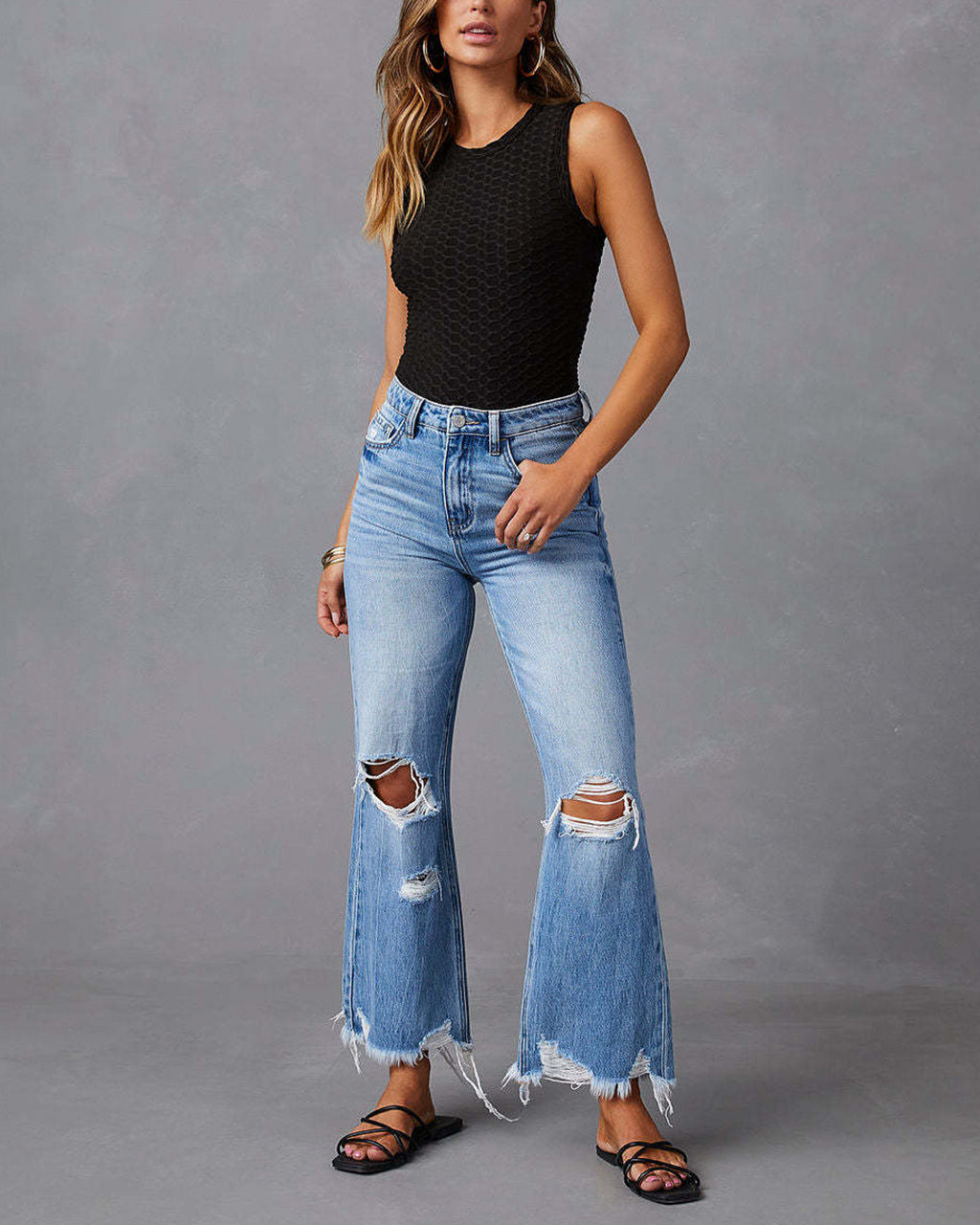Solid Ripped Bell High Rise Distressed Wide Leg Jeans OMFORT