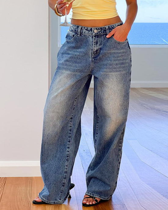 Vintage Washed Mid Waist Heart Pocket Wide-Leg Jeans OMFORT