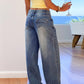 Vintage Washed Mid Waist Heart Pocket Wide-Leg Jeans OMFORT