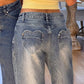Vintage Washed Mid Waist Heart Pocket Wide-Leg Jeans OMFORT