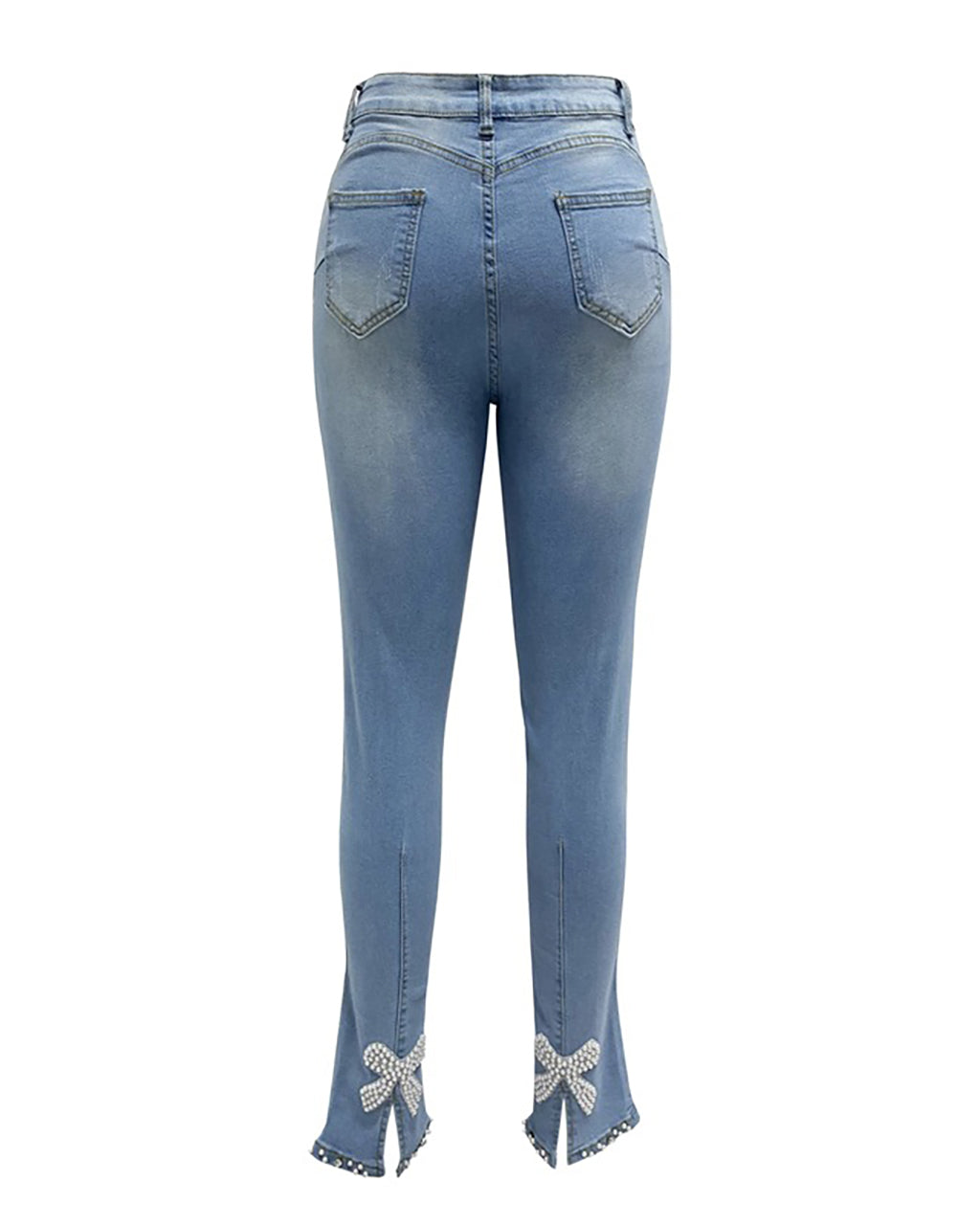 Slim Fit Back Split Beaded Bow Design Jeans OMFORT