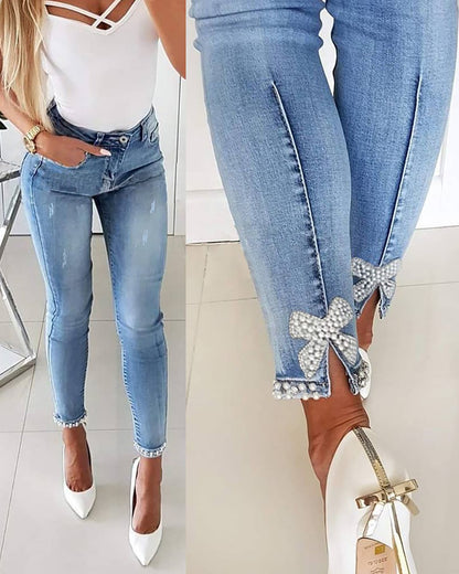 Slim Fit Back Split Beaded Bow Design Jeans OMFORT