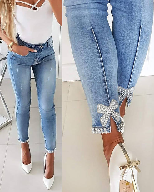 Slim Fit Back Split Beaded Bow Design Jeans OMFORT