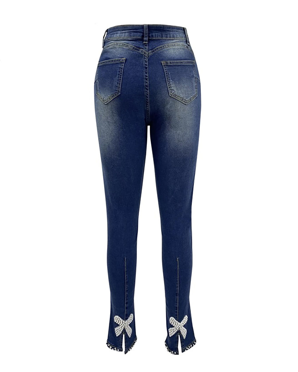 Slim Fit Back Split Beaded Bow Design Jeans OMFORT