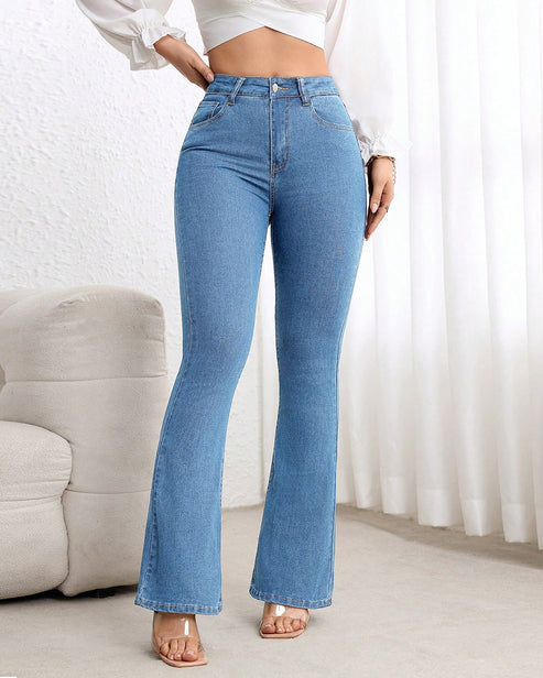 Simple Casual Button Front Pocket Skinny Flare Jeans OMFORT