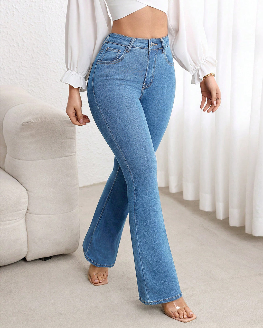 Simple Casual Button Front Pocket Skinny Flare Jeans OMFORT