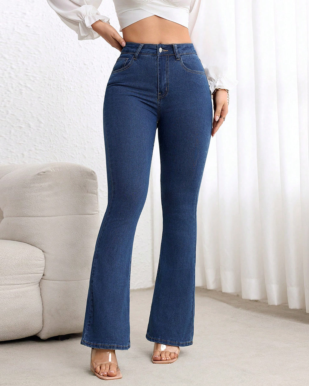 Simple Casual Button Front Pocket Skinny Flare Jeans OMFORT