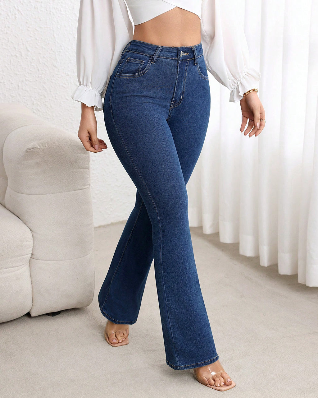 Simple Casual Button Front Pocket Skinny Flare Jeans OMFORT