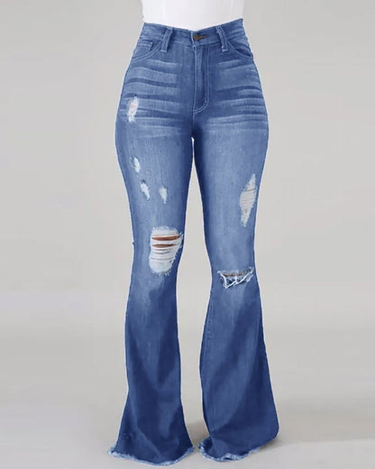 Distressed Frayed Hem High-stretch Ripped Jeans OMFORT