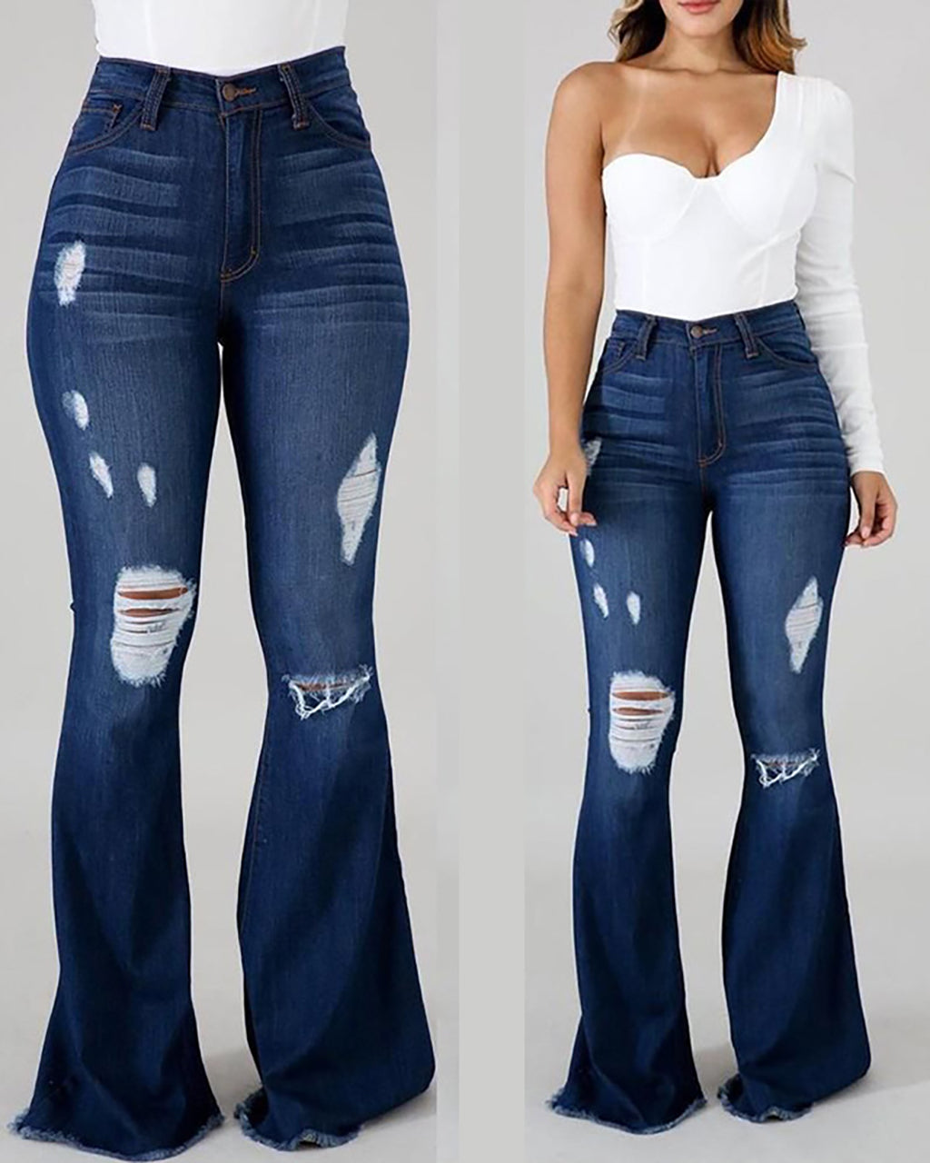 Distressed Frayed Hem High-stretch Ripped Jeans OMFORT