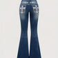 Mid Rise Boot Cut Retro Poket Cross Embroidered Jeans OMFORT