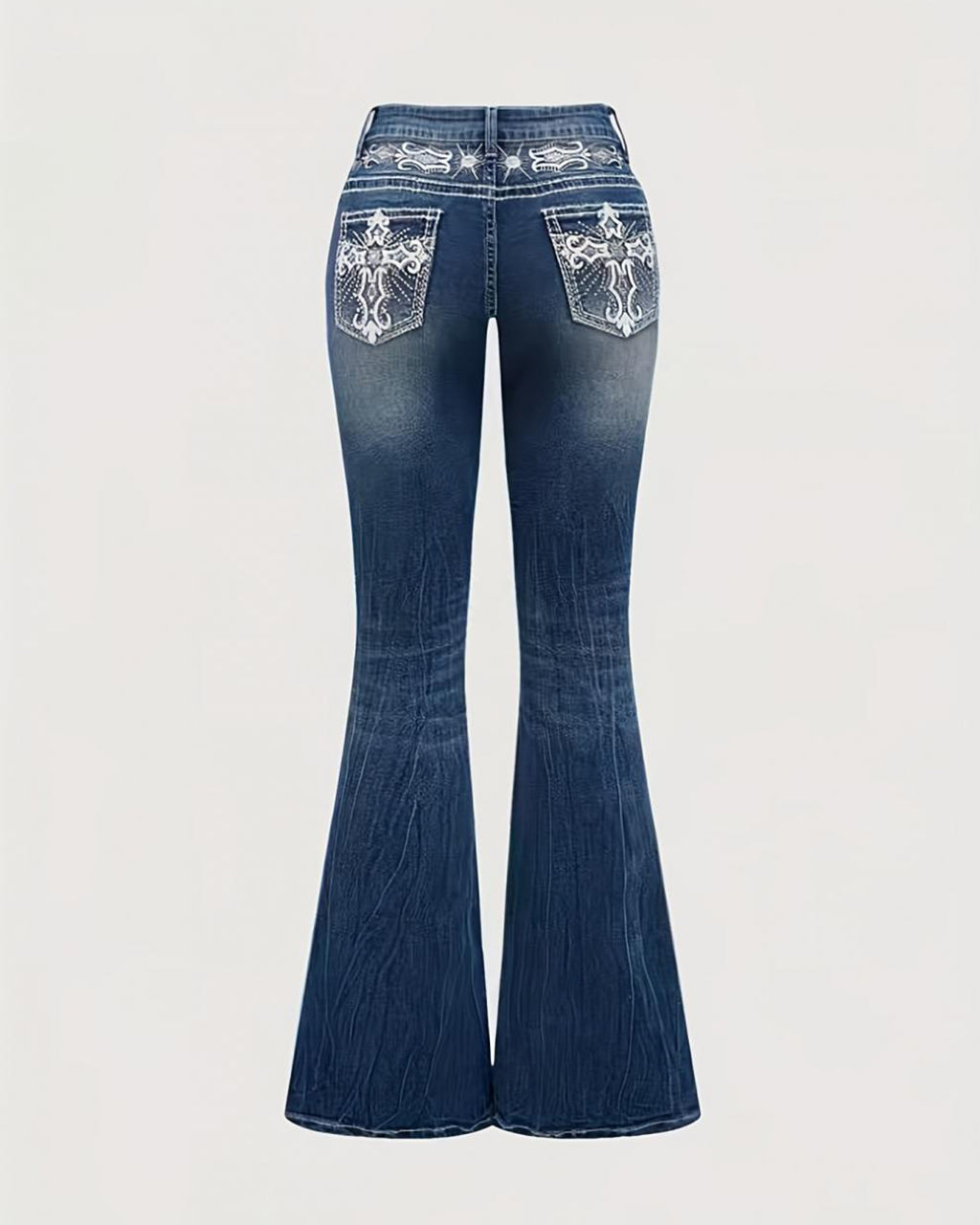 Mid Rise Boot Cut Retro Poket Cross Embroidered Jeans OMFORT
