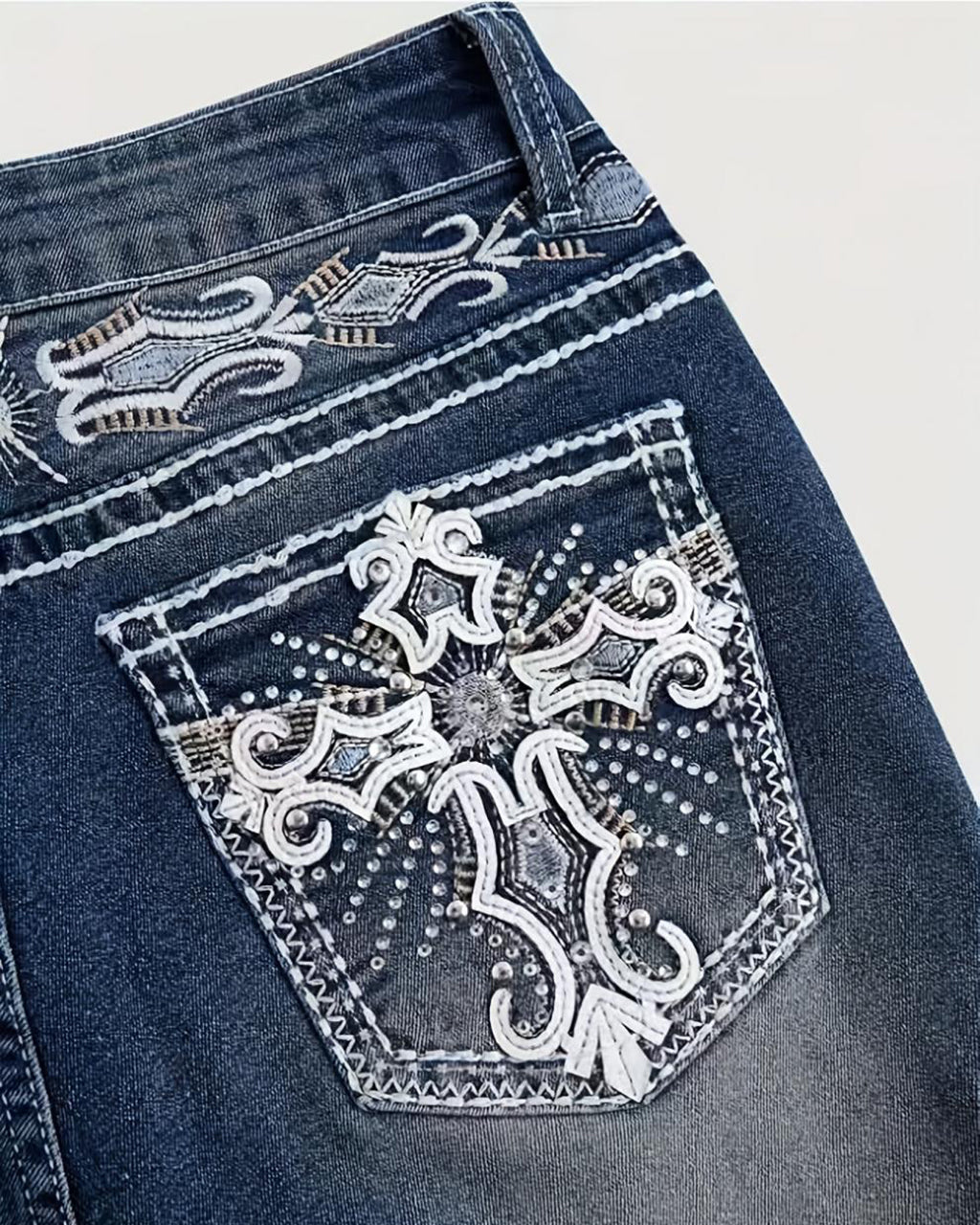 Mid Rise Boot Cut Retro Poket Cross Embroidered Jeans OMFORT
