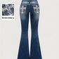 Mid Rise Boot Cut Retro Poket Cross Embroidered Jeans OMFORT