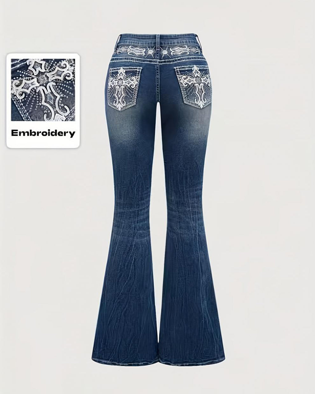 Mid Rise Boot Cut Retro Poket Cross Embroidered Jeans OMFORT