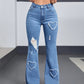 Mid-Waist Ripped Heart Fringe Hem Flared Denim Jeans OMFORT