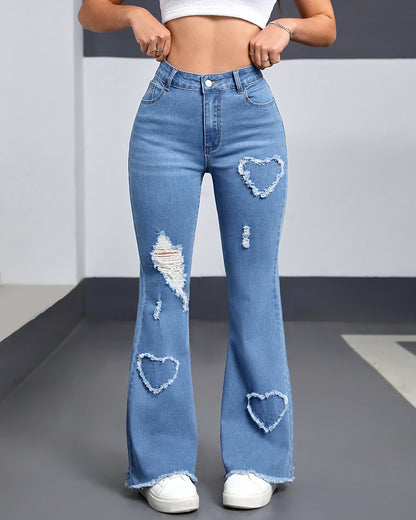 Mid-Waist Ripped Heart Fringe Hem Flared Denim Jeans OMFORT