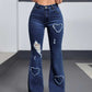 Mid-Waist Ripped Heart Fringe Hem Flared Denim Jeans OMFORT