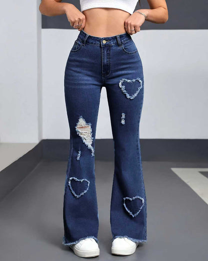 Mid-Waist Ripped Heart Fringe Hem Flared Denim Jeans OMFORT