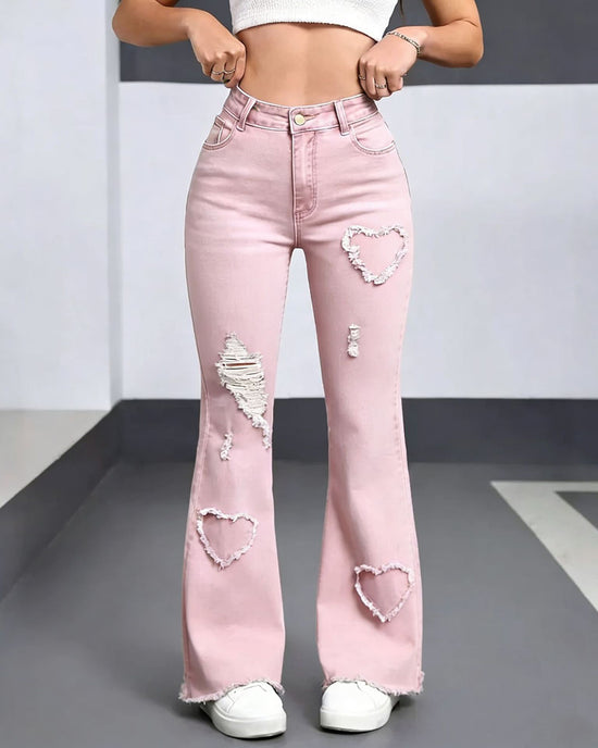 Mid-Waist Ripped Heart Fringe Hem Flared Denim Jeans OMFORT