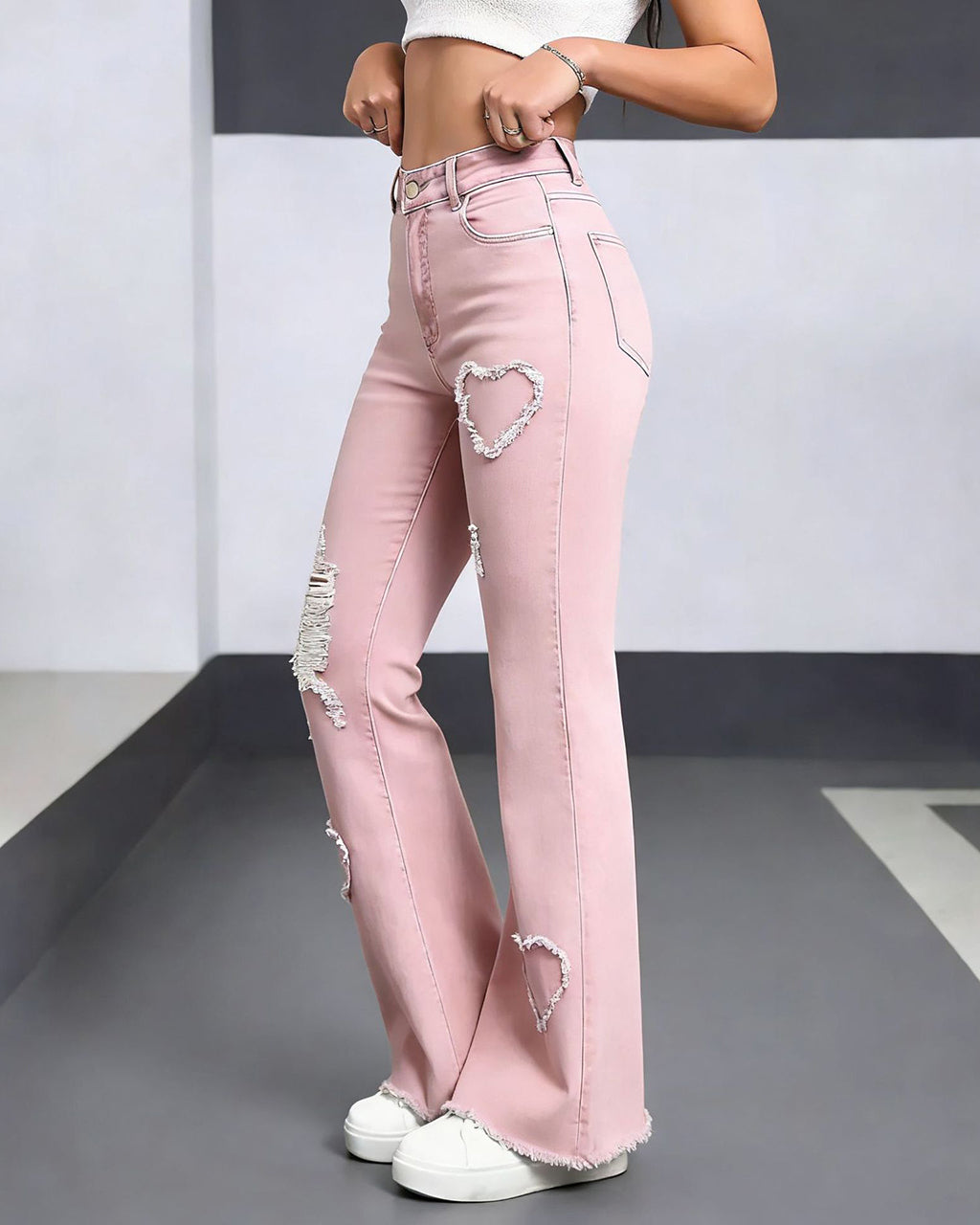 Mid-Waist Ripped Heart Fringe Hem Flared Denim Jeans OMFORT