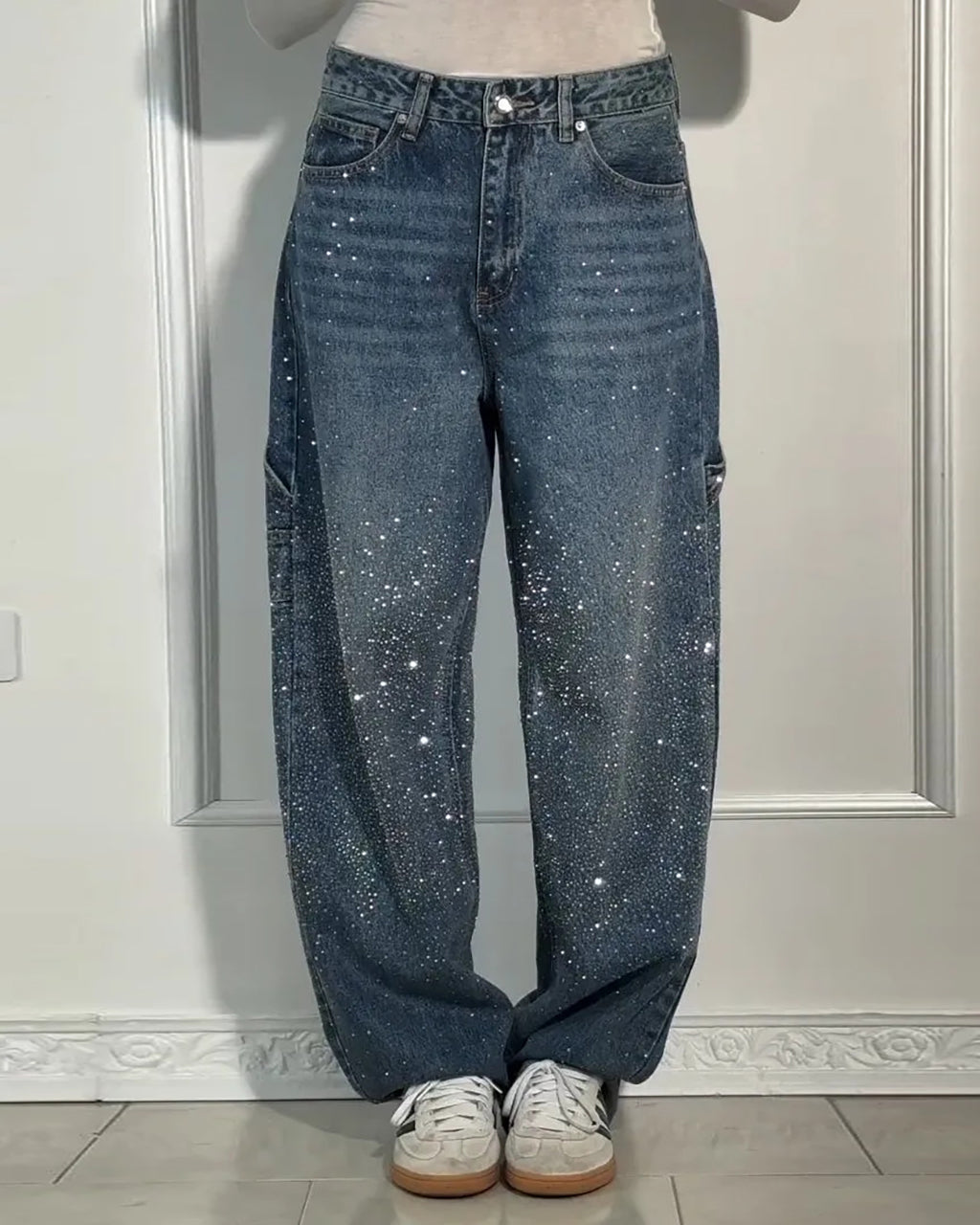 Casual Shiny Rhinestone Baggy Wide Leg Jeans OMFORT