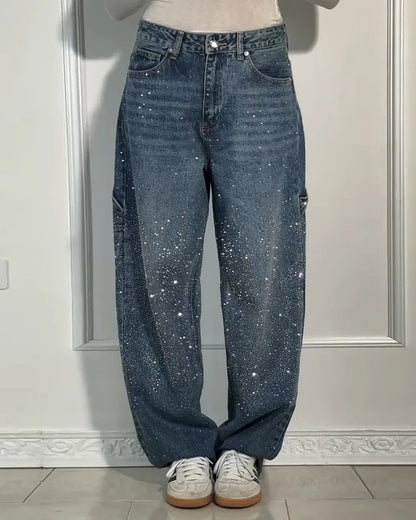 Casual Shiny Rhinestone Baggy Wide Leg Jeans OMFORT