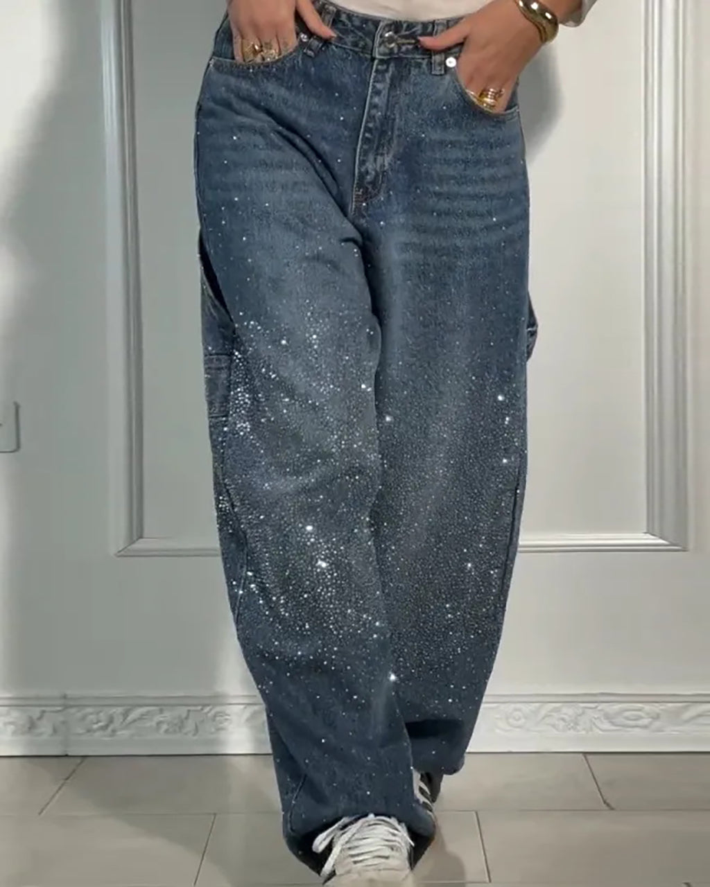 Casual Shiny Rhinestone Baggy Wide Leg Jeans OMFORT