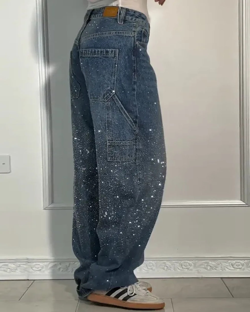 Casual Shiny Rhinestone Baggy Wide Leg Jeans OMFORT