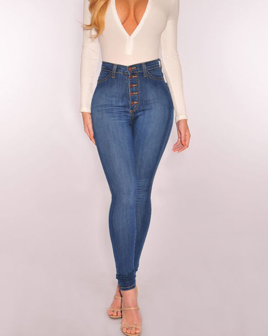 Classic Button Up High Waist Skinny Jeans OMFORT