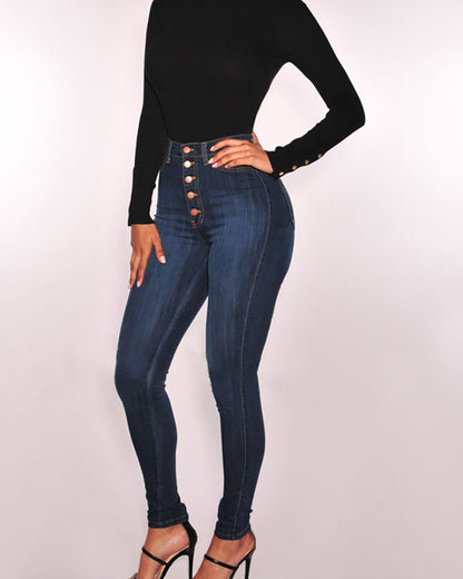 Classic Button Up High Waist Skinny Jeans OMFORT