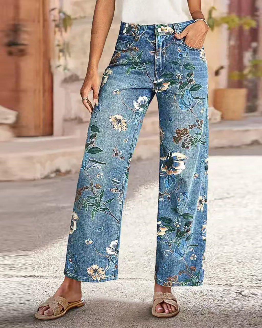 Floral Print High Waisted Straight Leg Jeans OMFORT