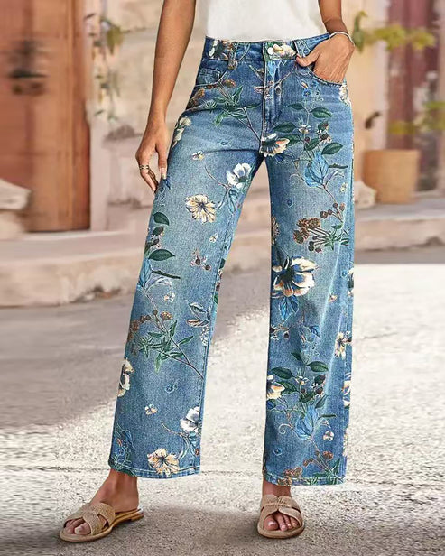 Floral Print High Waisted Straight Leg Jeans OMFORT