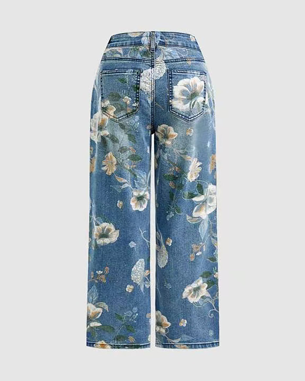 Floral Print High Waisted Straight Leg Jeans OMFORT