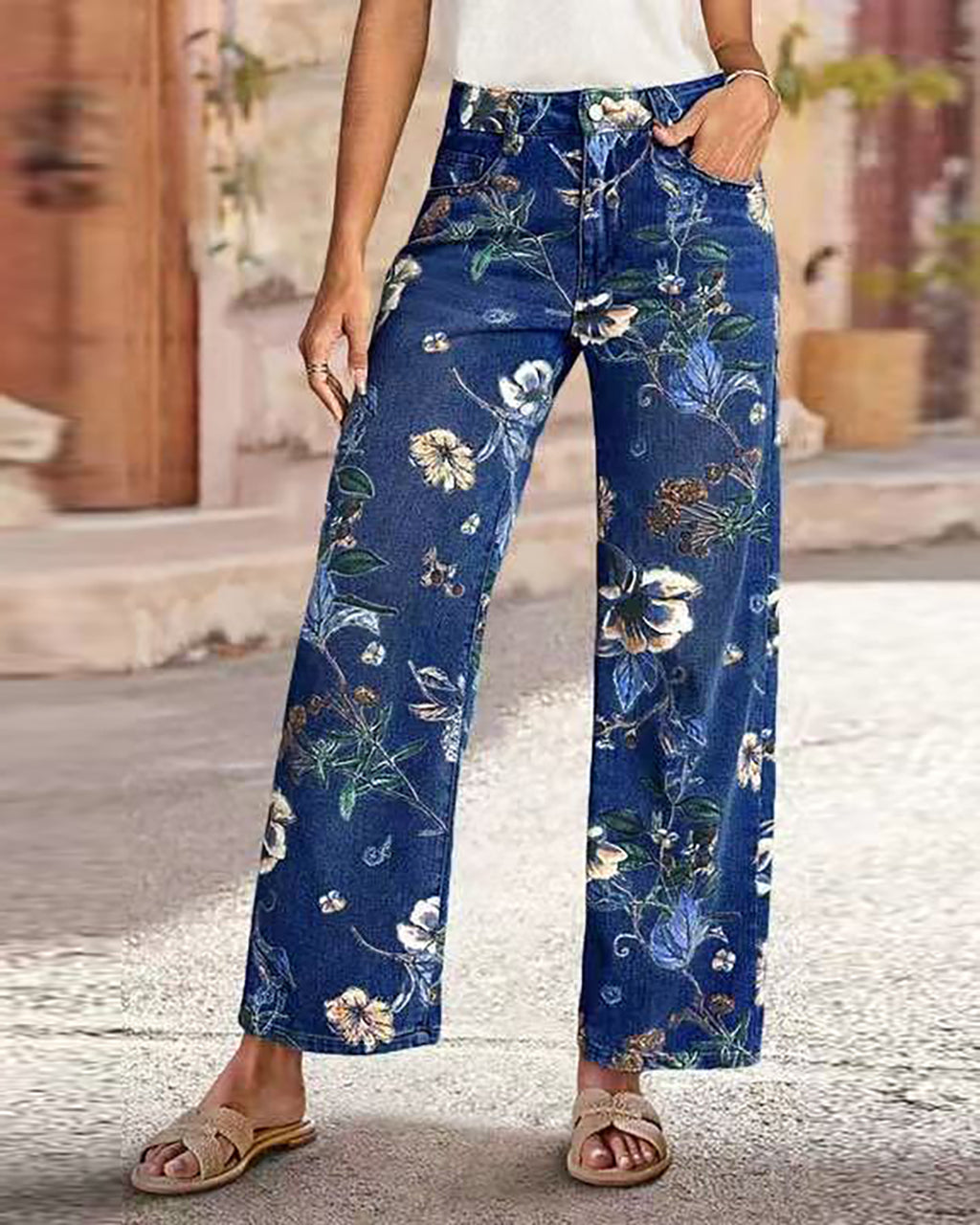 Floral Print High Waisted Straight Leg Jeans OMFORT