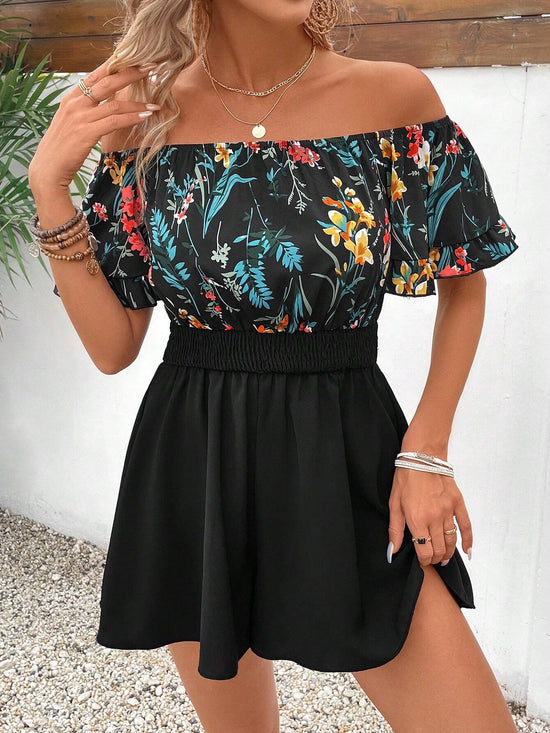 Romantic Floral Off-Shoulder Regular Fit Mini Dress OMFORT