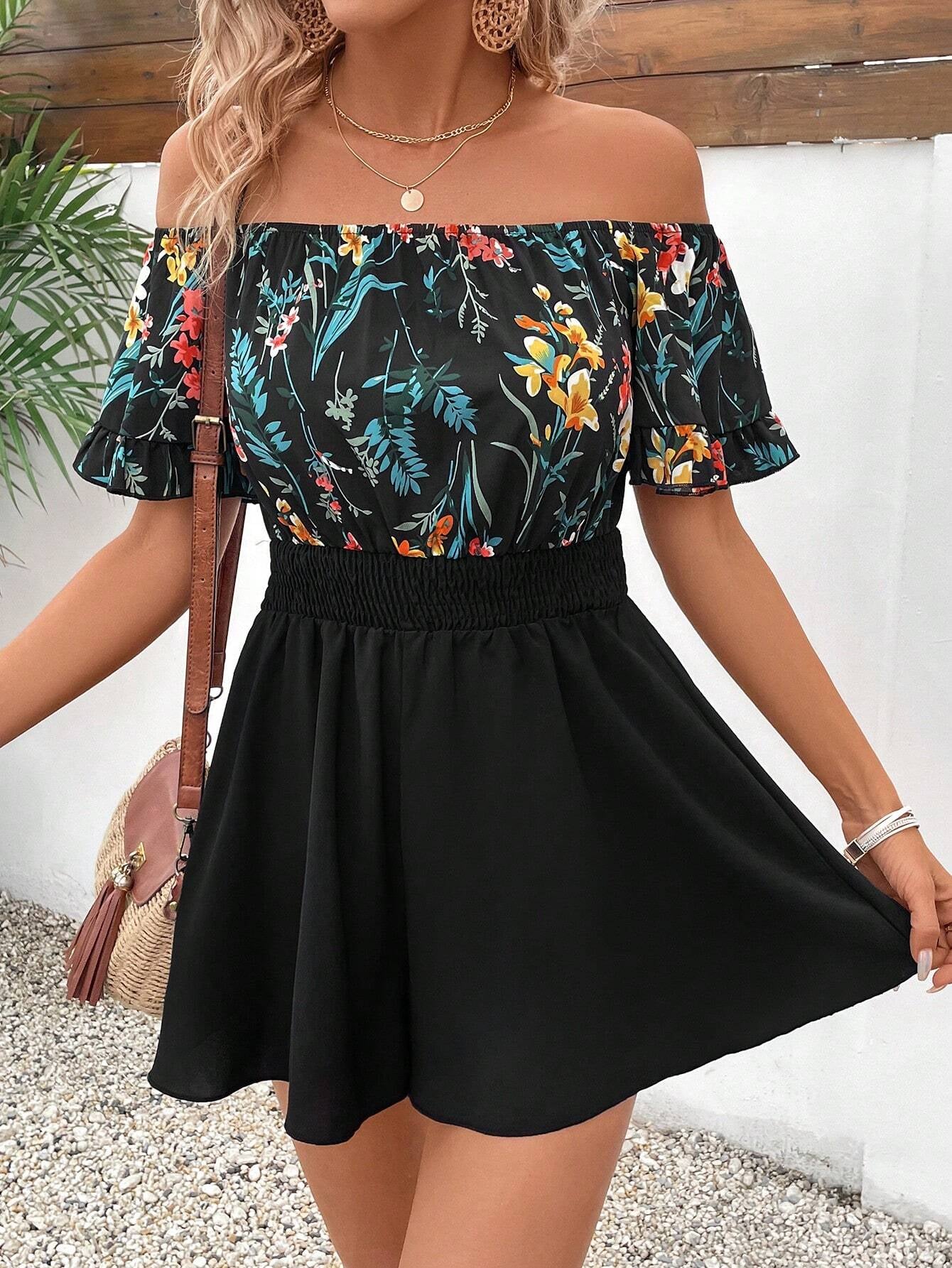 Romantic Floral Off-Shoulder Regular Fit Mini Dress OMFORT
