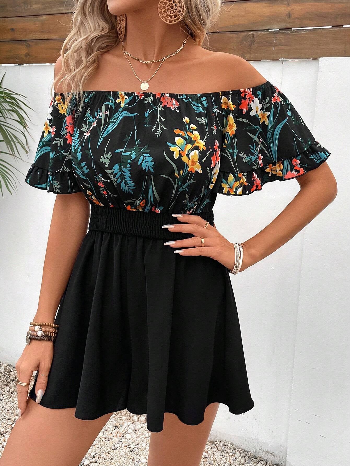 Romantic Floral Off-Shoulder Regular Fit Mini Dress OMFORT