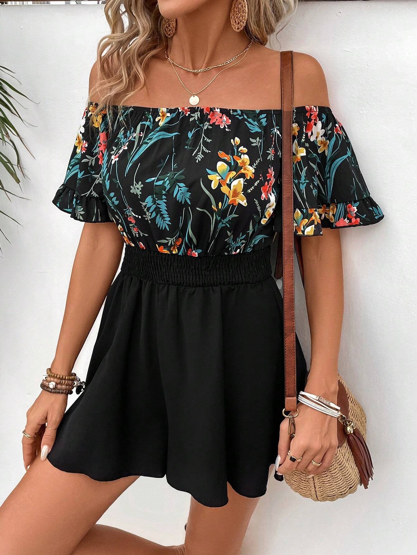 Romantic Floral Off-Shoulder Regular Fit Mini Dress OMFORT