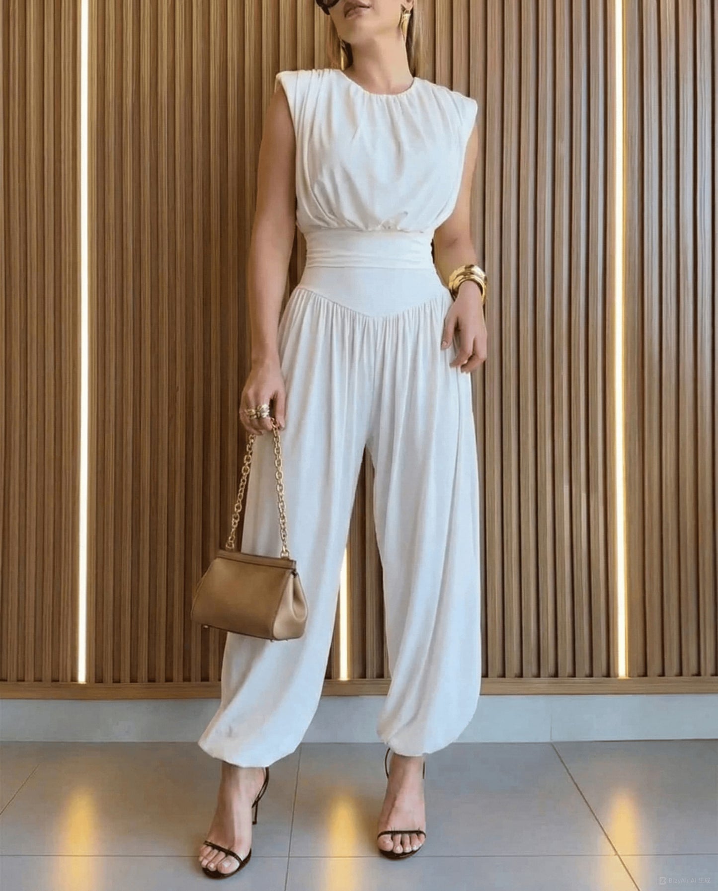Padded Shoulders Sleeveless Cinched Waist Side High Slit Overalls Casual Hollow-out Back Ruched Jumpsuit Omfort