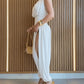 Padded Shoulders Sleeveless Cinched Waist Side High Slit Overalls Casual Hollow-out Back Ruched Jumpsuit Omfort